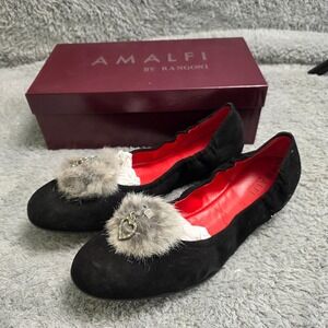 VTG NEW Amalfi Rangoni Black Suede Ballet Flats Fur Pom Pom Heart Charm Shoes 10